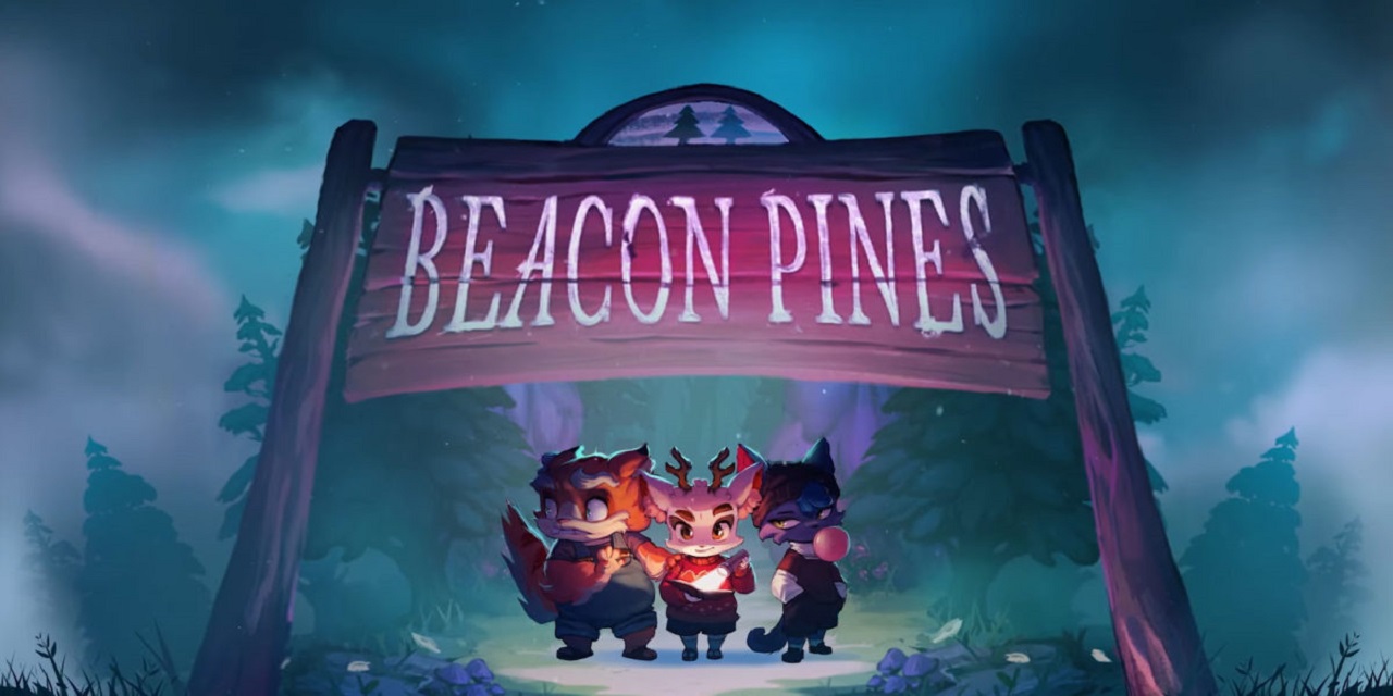 The game logo. Features a purple signboard with big white words "Beacon Pines" under which three anthropomorphic characters stand: a scared orange-haired liger, a smug white-haired deer holding a book and a flashlight, and a laid-back black-haired cat blowing gum