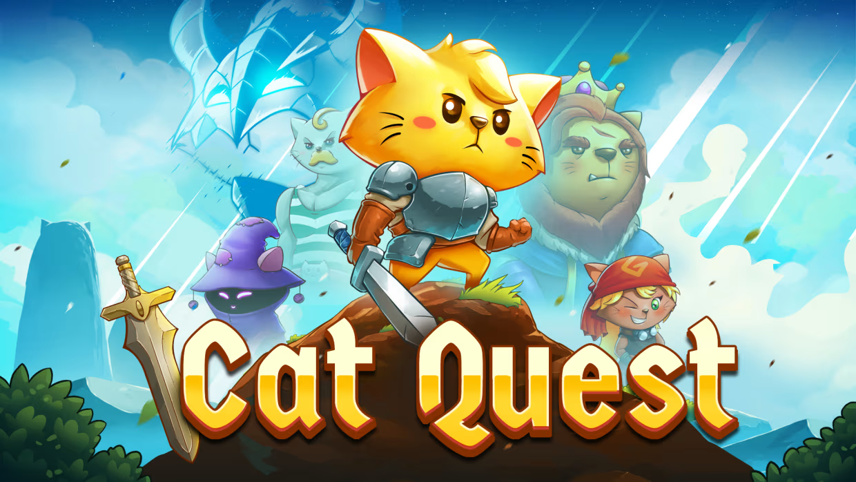 The game logo. Features big golden words written in the center below that say "Cat Quest". Before the words a golden sword is placed. Right behind the words is the earthen mound on which in heroic pose stands an anthropomorphic cat in an armor and with a sword in one hand. Behind him on both sides other characters can be seen: a purple-clad mage, an orange blacksmith, a king, a sailor, and a noble cat in horned helmet.