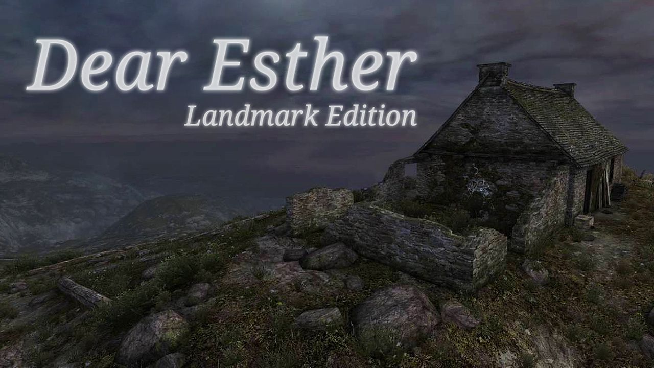 The game logo. Features a lone dilapidated stone hut and white words in the upper left corner: 'Dear Esther. Landmark Edition'.