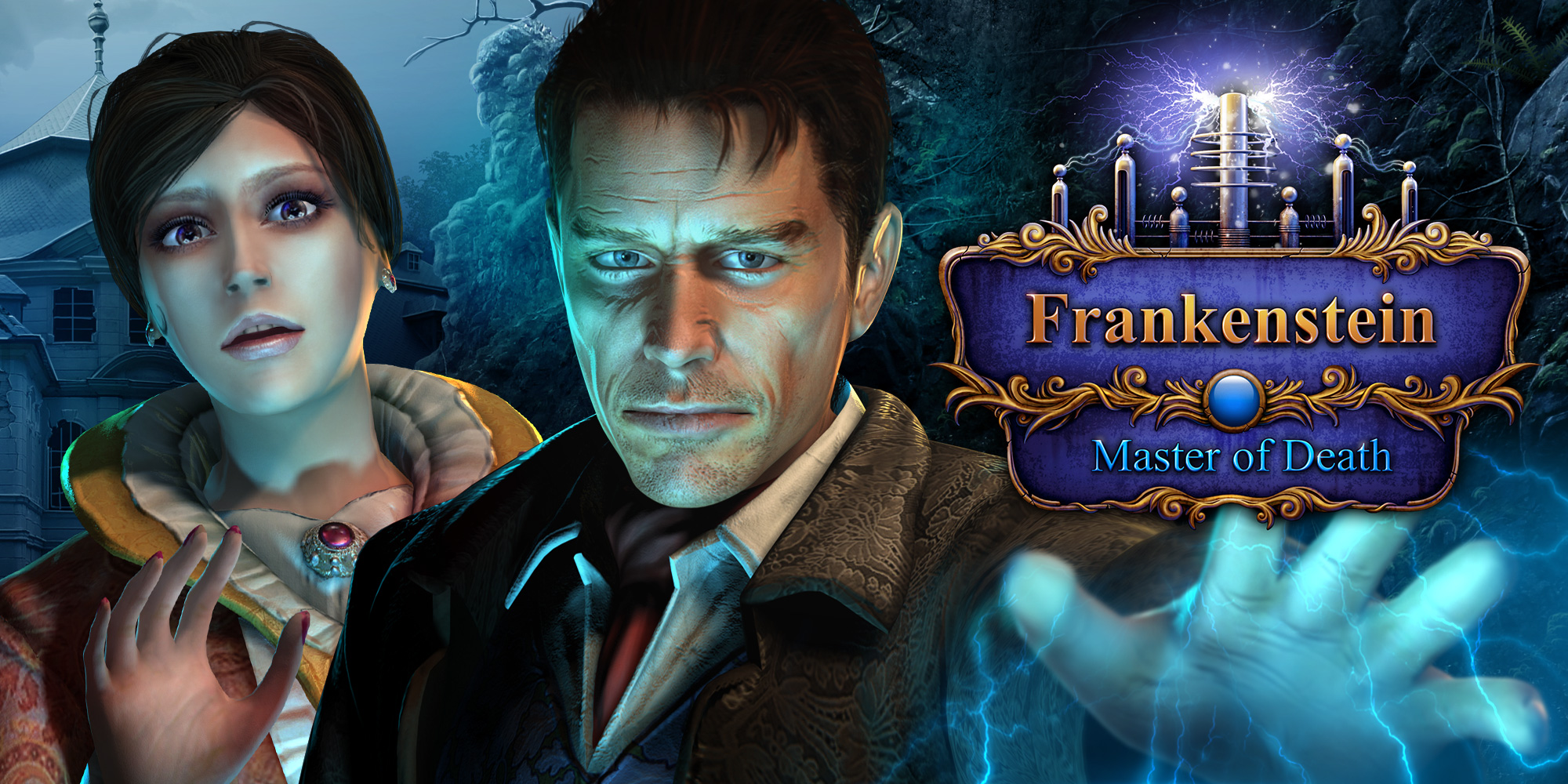 The game logo. Features a woman and a man in Victorian clothes on the left side, a blue plaque with lighting rods on top of it and electricity between them. On the plaque is written "Frankenstein Master of Death".