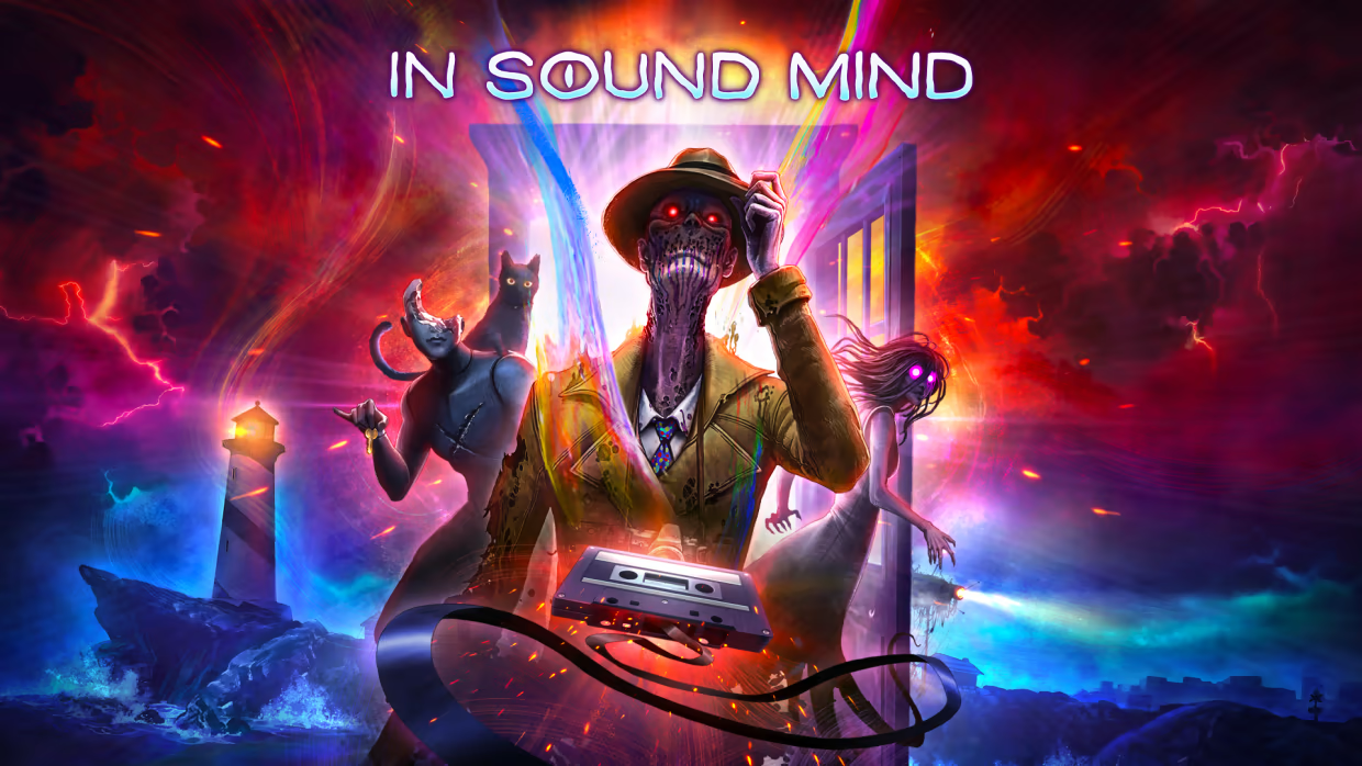 In Sound Mind Key Art that features a man with a purple skin in a frayed raincoat and a hat in the center, a mangled mannequin with a cat on its shoulder on the left and a dark-purple spirit of a woman on the right. Behind them is a door from which a rainbow inconsistent light is shining.light 