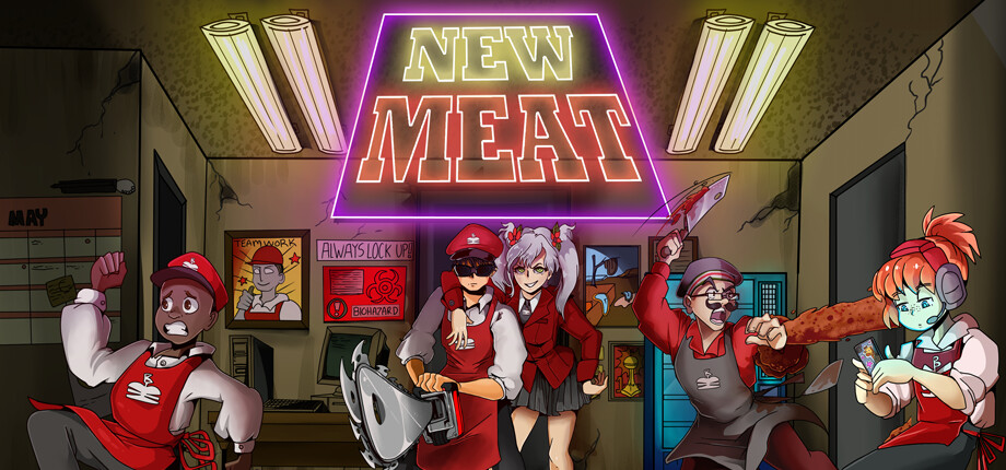 Official artwork of the game, showing several of the game's characters in a fast food restaurant, including the player character, who is wielding a chainsaw.