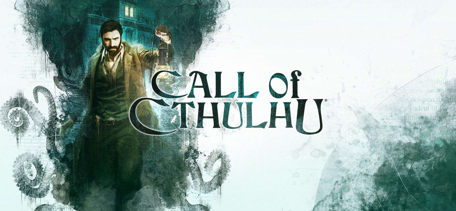 The game logo. Features a man with a lantern to the left and the words 'Call of Cthulhu' to the right.