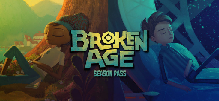 The game logo. Features a girl on the left and a guy on the right, both reclining and resting. In the middle large green letters read: 'Broken Age. Season Pass'.
