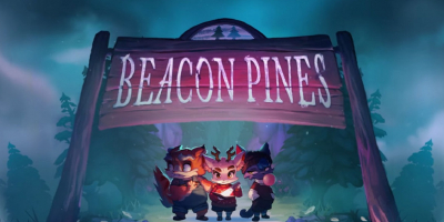 The game logo. Features a purple signboard with big white words "Beacon Pines" under which three anthropomorphic characters stand: a scared orange-haired liger, a smug white-haired deer holding a book and a flashlight, and a laid-back black-haired cat blowing gum