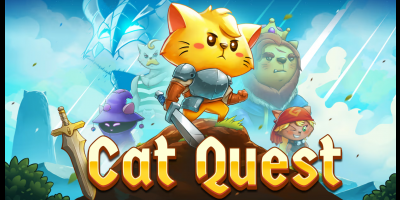 The game logo. Features big golden words written in the center below that say "Cat Quest". Before the words a golden sword is placed. Right behind the words is the earthen mound on which in heroic pose stands an anthropomorphic cat in an armor and with a sword in one hand. Behind him on both sides other characters can be seen: a purple-clad mage, an orange blacksmith, a king, a sailor, and a noble cat in horned helmet.