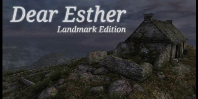 The game logo. Features a lone dilapidated stone hut and white words in the upper left corner: 'Dear Esther. Landmark Edition'.