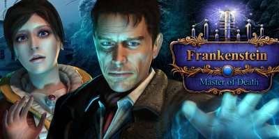 The game logo. Features a woman and a man in Victorian clothes on the left side, a blue plaque with lighting rods on top of it and electricity between them. On the plaque is written "Frankenstein Master of Death".