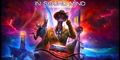 In Sound Mind Key Art that features a man with a purple skin in a frayed raincoat and a hat in the center, a mangled mannequin with a cat on its shoulder on the left and a dark-purple spirit of a woman on the right. Behind them is a door from which a rainbow inconsistent light is shining.light 