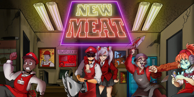 Official artwork of the game, showing several of the game's characters in a fast food restaurant, including the player character, who is wielding a chainsaw.