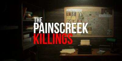 The Painscreek Killings written in large letters against the background of dimly lit room and evidence board. The first two words are white, the last word is red