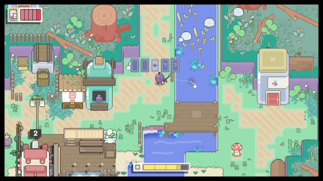 The player character fishing. Prompts appear on screen saying what directional button they need to press.