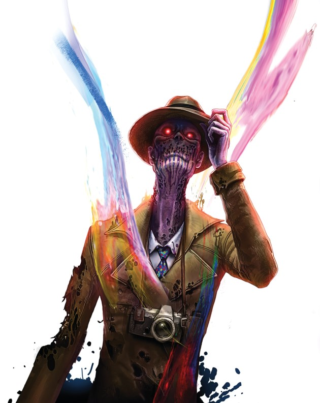 A man with a purple skin and red eyes in a frayed raincoat and a hat. A rainbow-colored smore raises from him