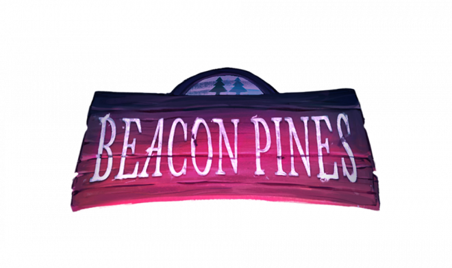 The game logo. Features a purple signboard with big white words "Beacon Pines".