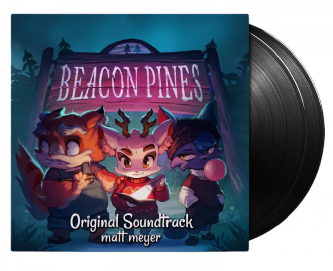 A record jacket with a vinyl record partially sticking out of it. The jacket features the game logo: a purple signboard with big white words "Beacon Pines" under which three anthropomorphic characters stand: a scared orange-haired liger, a smug white-haired deer holding a book and a flashlight, and a laid-back black-haired cat blowing gum. Below the picture it is written: "Original Soundtrack. Matt Mayer".