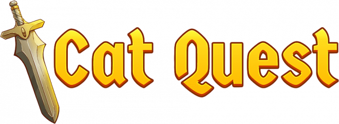 The game logo. Features big golden words that say "Cat Quest". Before the words a golden sword is placed.