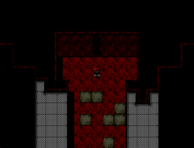 A screenshot of the player standing in front of a doorway in a red, fleshy wall.