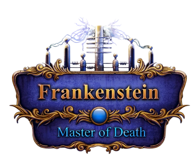 The game logo. A blue plaque with lighting rods on top of it and electricity between them. On the plaque is written "Frankenstein Master of Death".