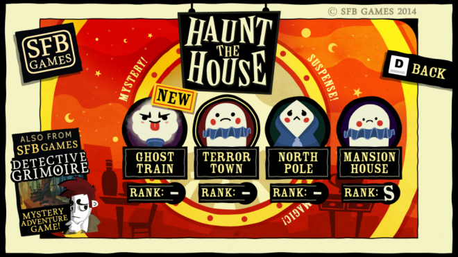  The title screen of an object finding game with the text "Haunt The House" in big letters, pixar style cartoon characters, featuring four cute ghosts wearing different and expressions