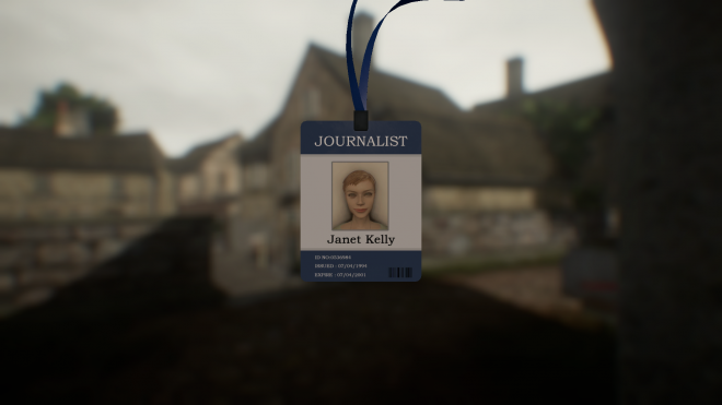 A picture of a badge with photo of a short-haired blond girl named Janet Kelly. The badge header reads "Journalist"