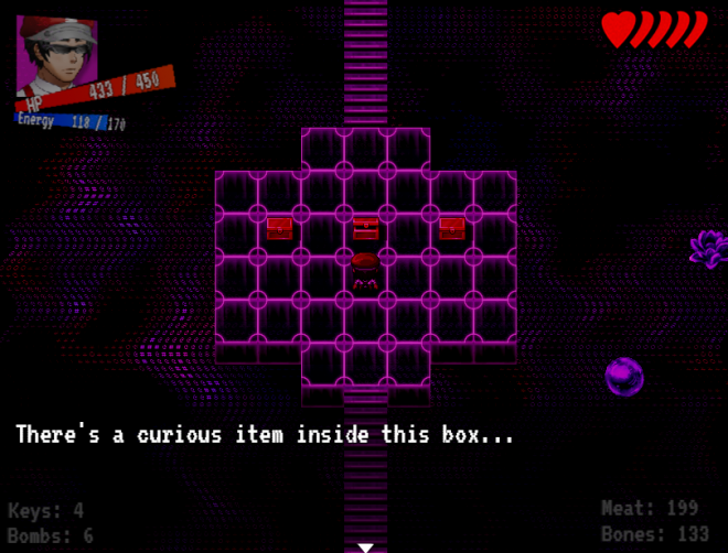 A screenshot of the player stood in front of a selection of three chests, interacting with the middle one. The text reads: 'There's a curious item inside this box...'