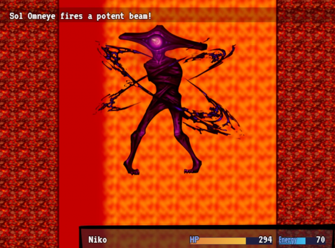 A screenshot from a battle, during the enemy's turn. The text at the top reads: 'Sol Omneye fires a potent beam!'