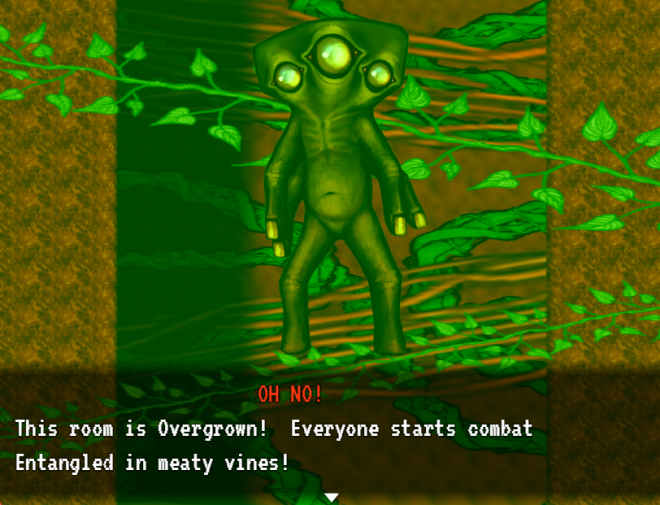 A screenshot from the start of a battle. The text at the bottom of the screen reads: ''OH NO!  This room is Overgrown! Everyone starts combat Entangled in meaty vines!