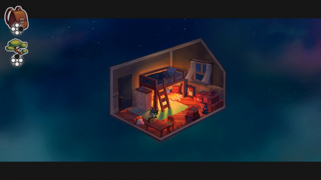 A small bedroom lit with a nightlight. An anthropomorphic cat stands near the table with a radio on it. The curtains on the window wave from the night wind.