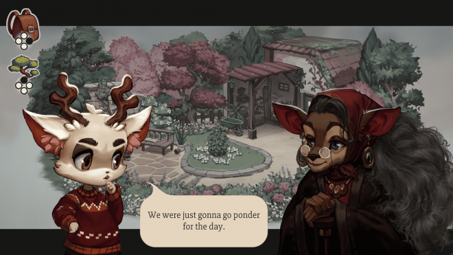 An anthropomorphic boy-deer in a pullover on the left and his grandmother with a cane in her hands on the right. He's saying: "We were just gonna go ponder for the day".