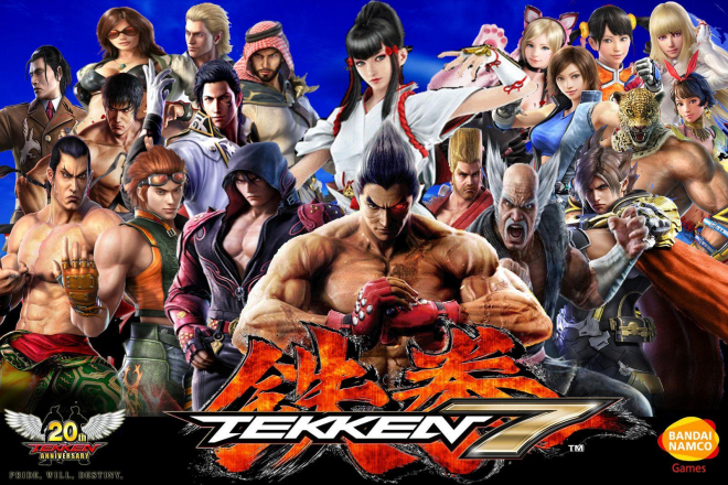 A poster of the characters from the TEKKEN 7 fighting game, with all the main and many side characters in one big battle scene.