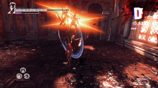 A young man in a dark coat spins a big scythe like a propeller and juggles several enemies on its blade.