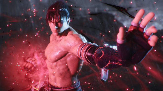 Unreal Engine, high-quality, red energy around Jin Kazama from Tekken throwing his arm at the camera, video game screenshot.