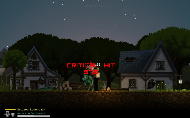 screenshot of the game, a fantasy pixel art medieval village at night with an angry green dragon outside