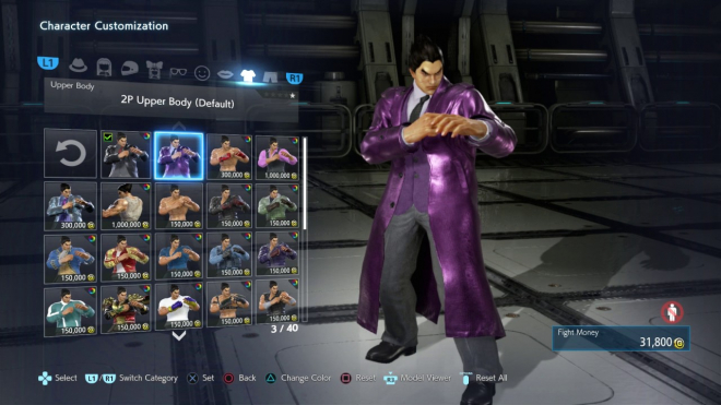 character customisation screen for the video game tekken 7, there is an adult male in his late thirties with short black hair and grey eyes wearing purple formal suit with white shirt underneath