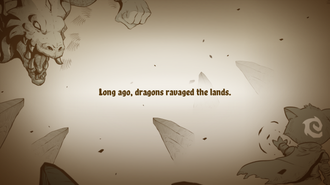 A sepia picture of a dragon in the left upper corner that attacks a spell-casting cat in the right lower corner. The center of the picture features brown words: 'Long ago, dragons ravaged the lands.'