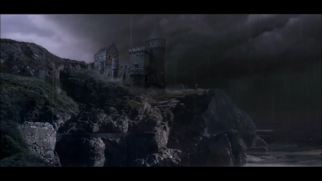 A gloomy castle on a cliff amid a thunderstorm.