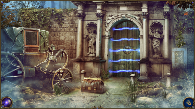 A stone wall with large locked double doors barred by electricity. To the left stands a carriage, and in front of the player, on the ground, lies a bag.