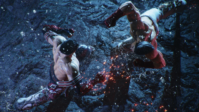 Screenshot from a Tekken video game, two fighter characters fighting each other in the air, performing a high kick attack in an action-packed, dynamic shot against a dark background.