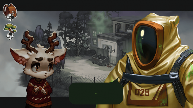 An anthropomorphic boy-deer in a pullover on the left in a timid pose and a big guy in a has hazmat suit on the right.