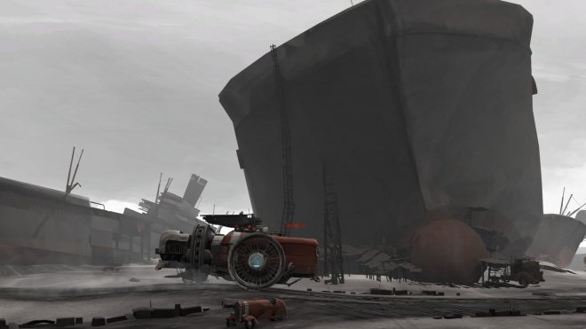 Screenshot of an in-game level design for a Soviet cargo ship, with large steel ships and military vehicles on the ground. In the style of Unreal Engine 5.