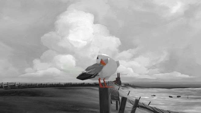 A seagull perched on the edge of an old wooden fence, overlooking the vast ocean under a cloudy sky. The bird's orange beak and black wings stand out against its white feathers in contrast to the gray clouds overhead.