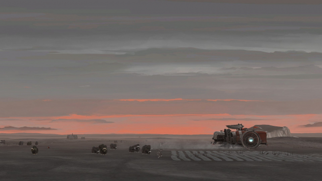 A digital painting of an abandoned, futuristic tractor on the vast, flat landscape of Mars at dusk, with dust clouds in the sky and many black ornithopters walking around it. The background is a desolate field of gray dirt under a twilight orange horizon