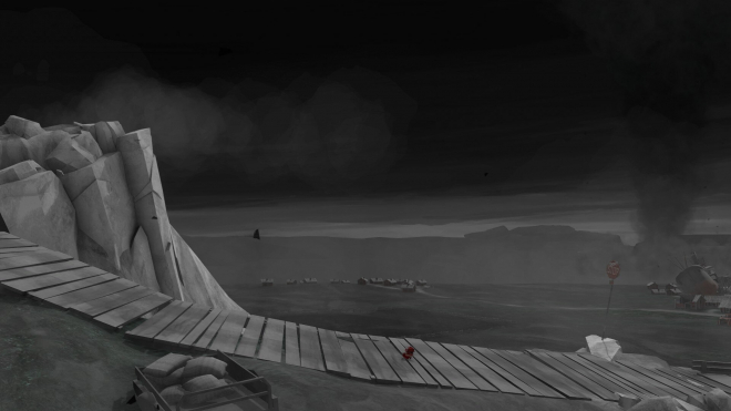 A black and white game screenshot of an arctic landscape with a wooden ramp, a red arrow pointing up the hill towards it, a dark sky, and smoke in the background, all in a simple, low-poly video game style