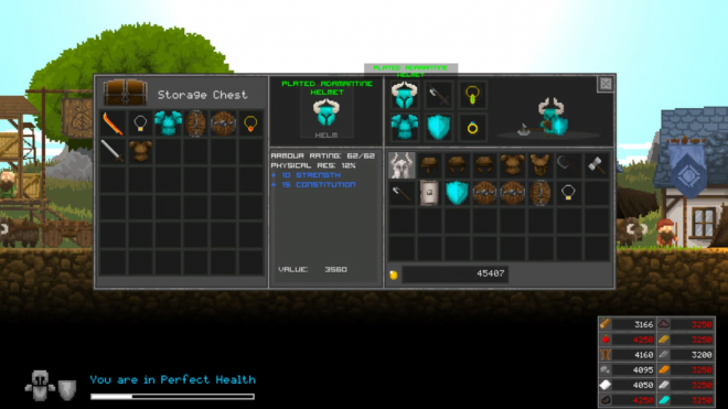 A screenshot of the character selection window in "Ore Directed" with health, strength, and clarity bar UI, as well as gear and equipment icons displayed on the top right-hand side.