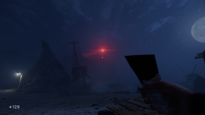 Night in a harbor. A dark figure of the ship on the left and a lighthouse with dim red light in the distance