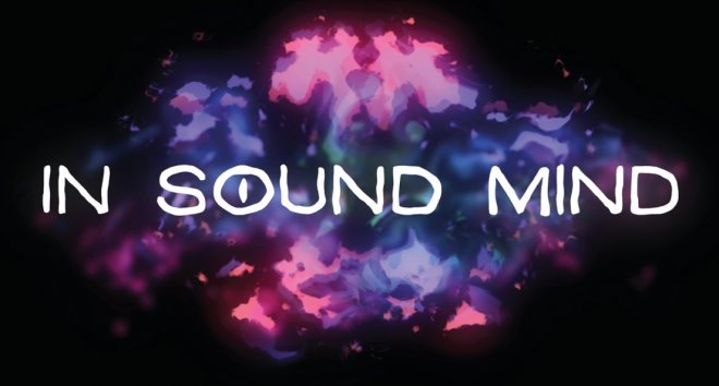 Logo of the game - In sound mind in white letters against rainbowy mist