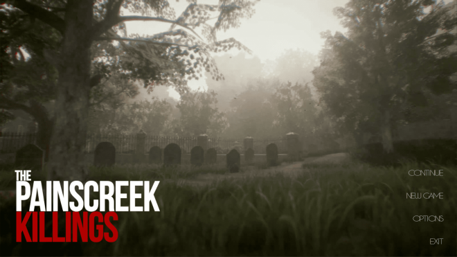 A little blurry image of a cemetery with The Painscreek Killing written in the left lower corner. The first two words are white, the last word is red