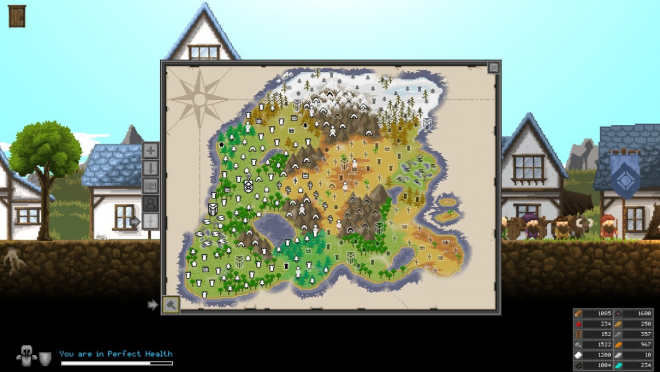 A pixel art game interface showing an RPG map of the fantasy world, with houses and fields on it.