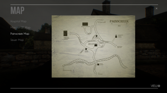 Shows a game screen with maps. Currently the Painscreek Map from the let is chosen and a slightly yellowish paper map is shown on the right