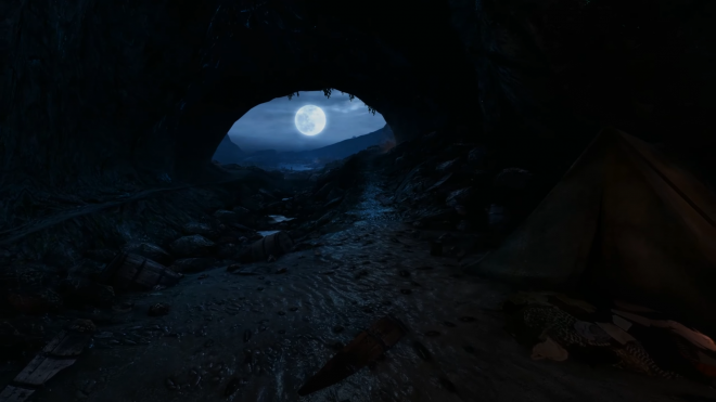 An exit from the cave in the shape of a human eye. It's night and the full moon is exactly in the middle of the sky.